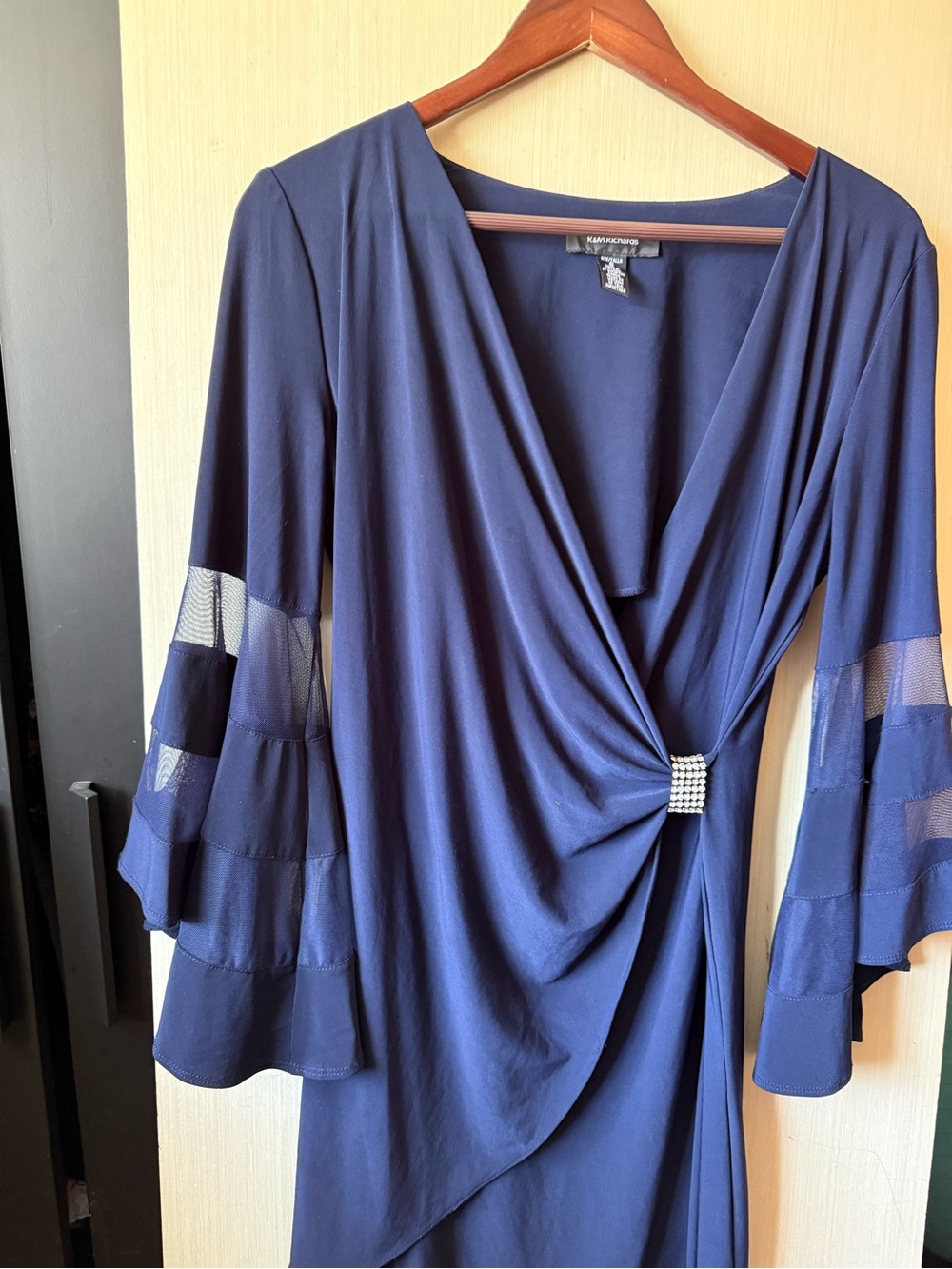 R & M Richard sNavy Twist-Front Blouse with Mesh Bell Sleeves